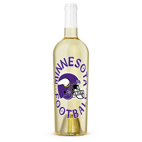 Mano's Wine Chardonnay wine bottle featuring Minnesota Vikings purple helmet and "Minnesota Football" text