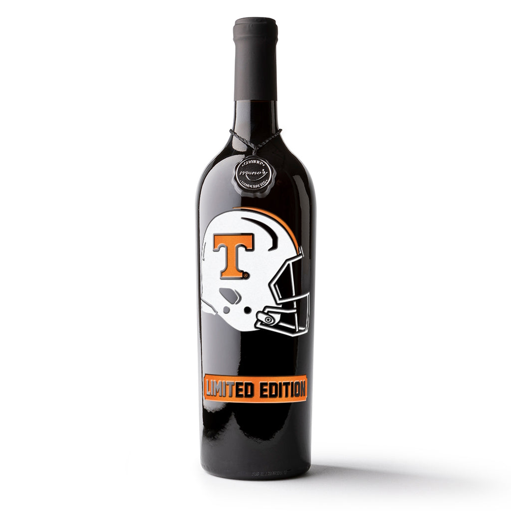 Limited edition Mano's Wine bottle featuring a white and orange Tennessee Volunteers football helmet