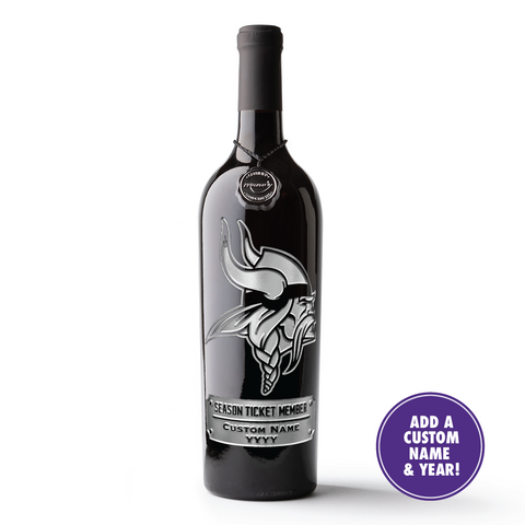 Minnesota Vikings custom season ticket holder etched wine bottle from Mano's Wine