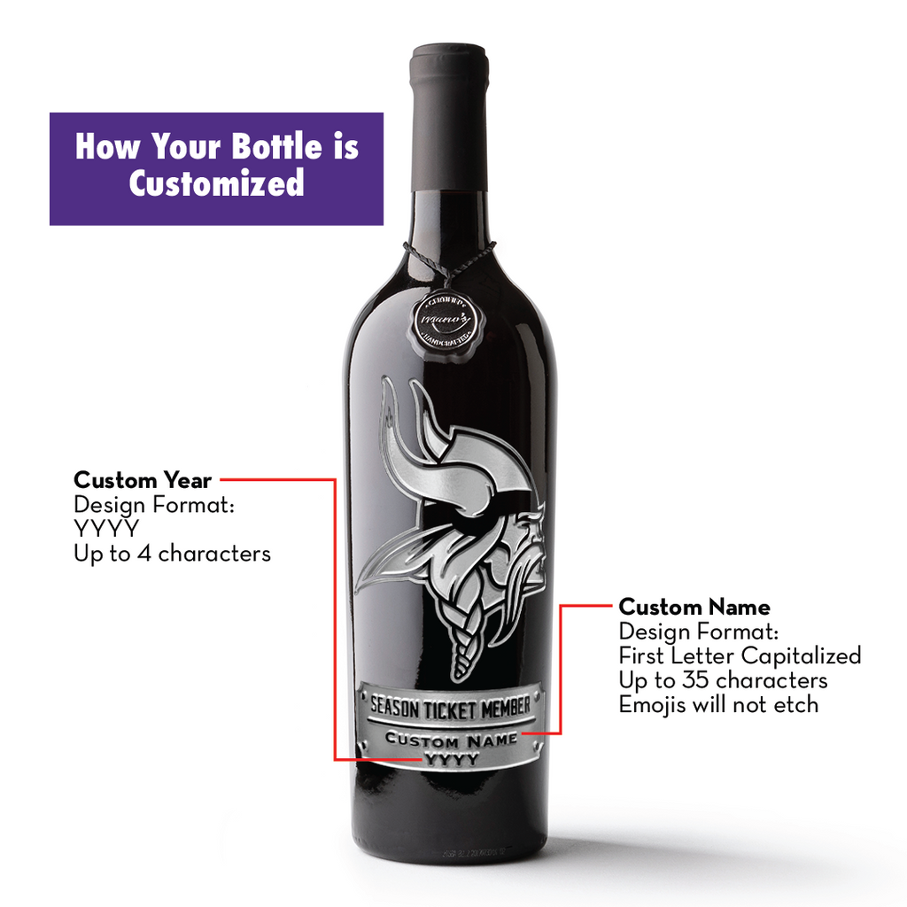 Image depicting how the Vikings custom season ticket holder etched wine bottle can be personalized