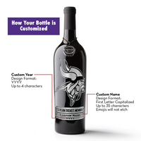 Image depicting how the Vikings custom season ticket holder etched wine bottle can be personalized