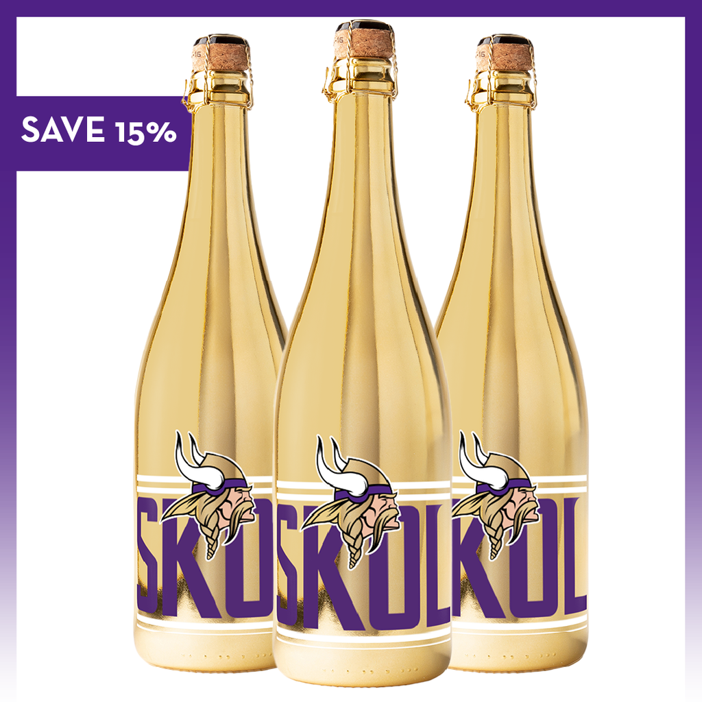 Three gold bottles with Minnesota Vikings team logo and purple SKOL text on a white background