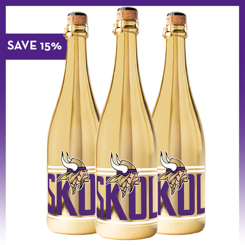 Three gold bottles with Minnesota Vikings team logo and purple SKOL text on a white background