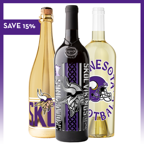 Three Mano's Wine bottles with Minnesota Vikings branding on a white background