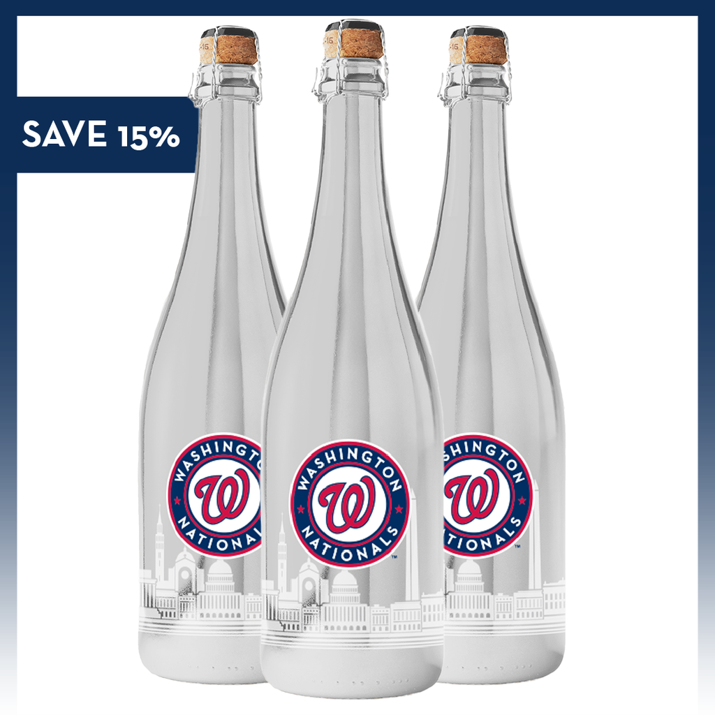 Three silver metallic bubbly wine bottles with the Washington Nationals logo and Washington, D.C. skyline
