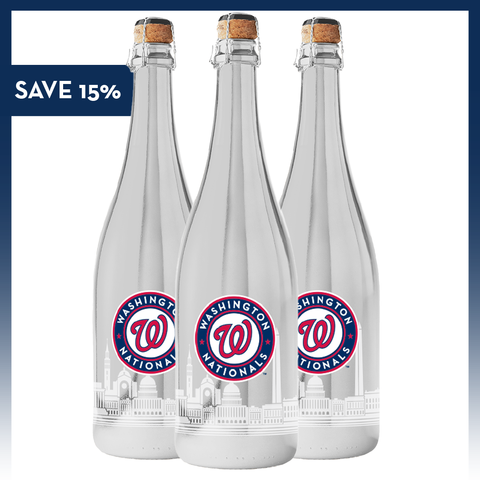 Three silver metallic bubbly wine bottles with the Washington Nationals logo and Washington, D.C. skyline