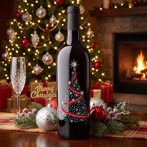 Holiday Tree Etched Wine Bottle