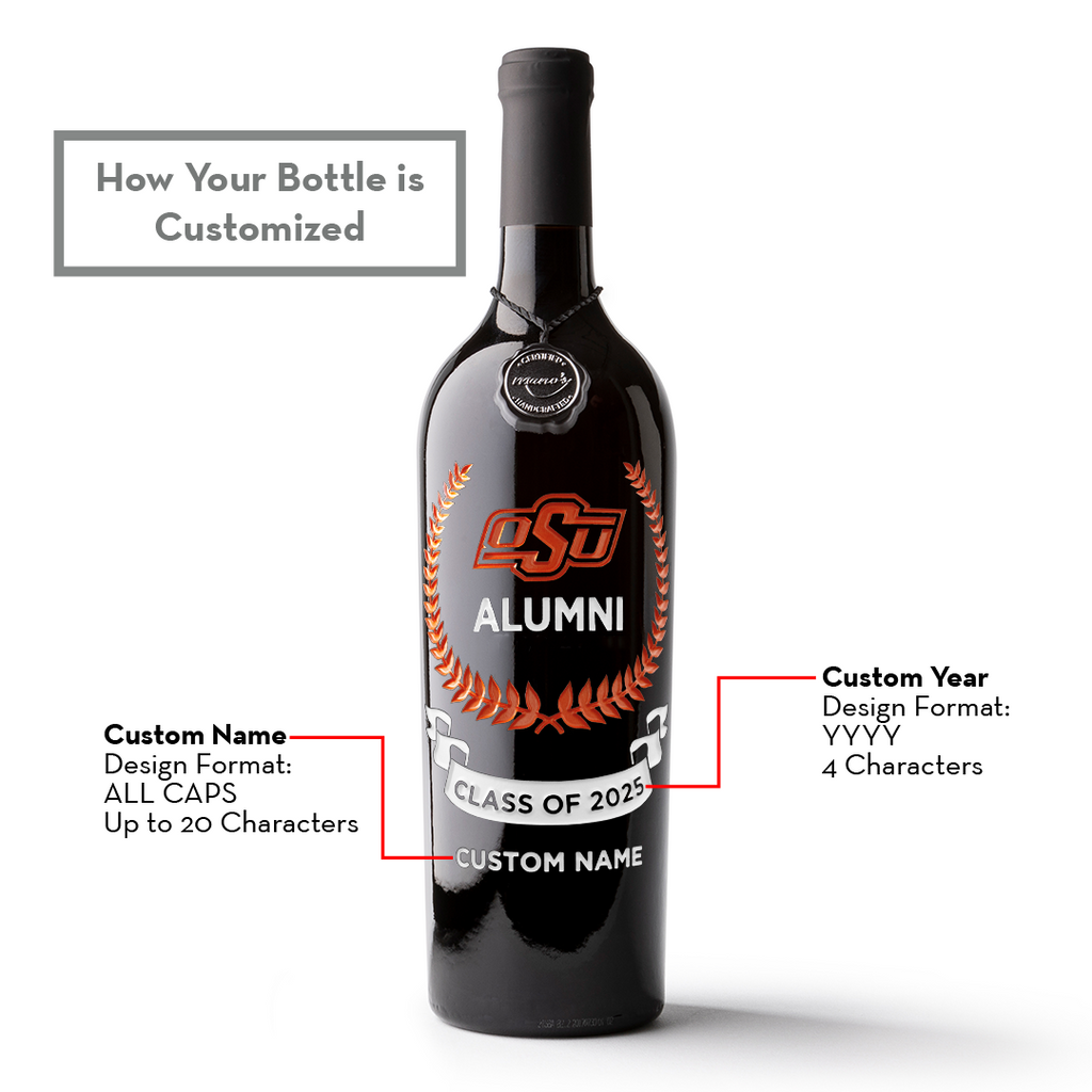How to customize an etched wine bottle of Oklahoma State University custom alumni association