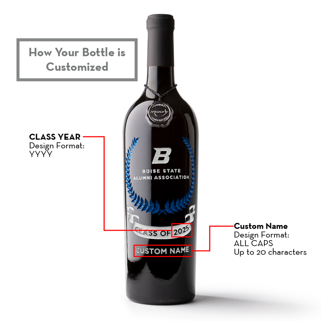 How to customize a wine bottle of Boise State University alumni association with graduating year and alum name