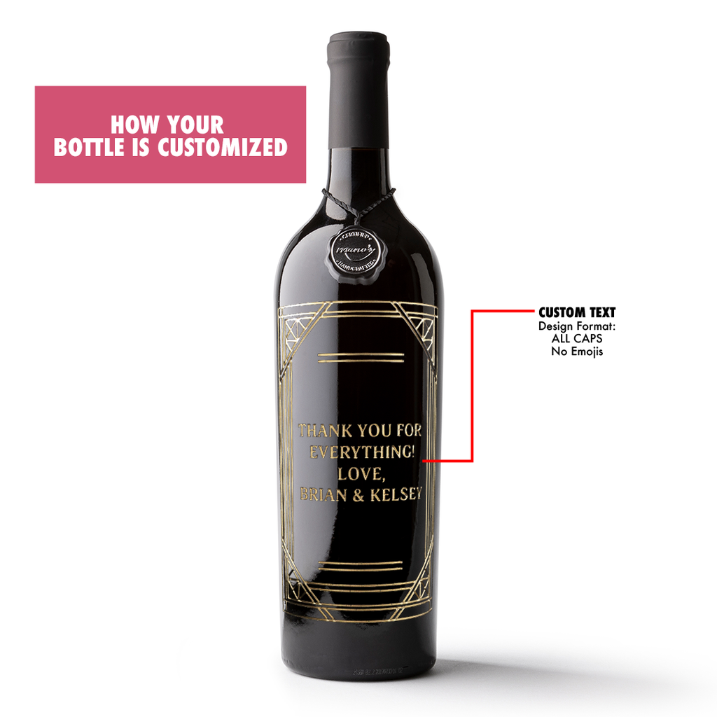 Custom Text Gold Frame Etched Wine Bottle