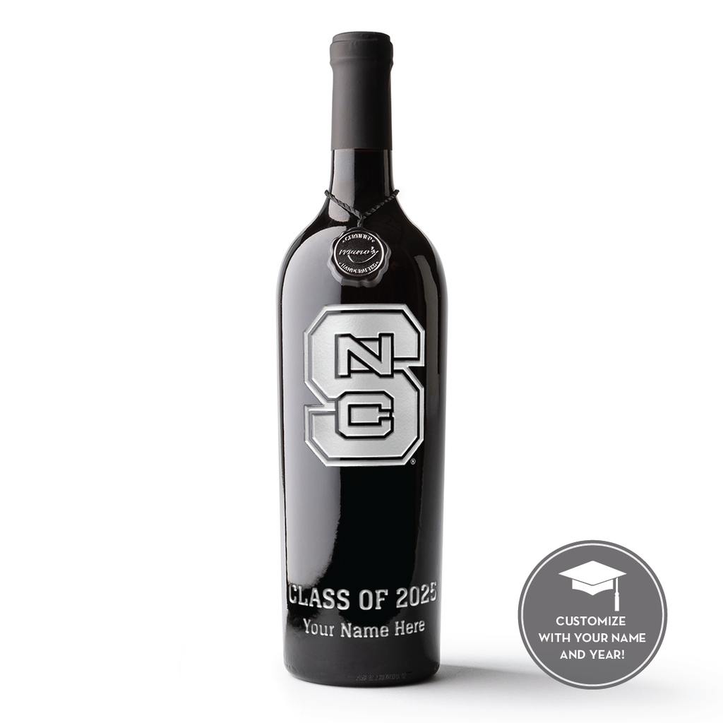Customize a Mano's Wine NC State Logo etched wine bottle for fellow alumni