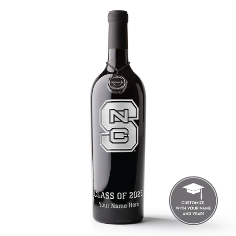 Customize a Mano's Wine NC State Logo etched wine bottle for fellow alumni
