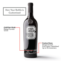 How your bottle is customized at Mano's Wine for NC State Custom name and graduating year etched wine bottle