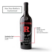 Add a custom name and year of graduation to a Rutgers University wine bottle from Mano's Wine