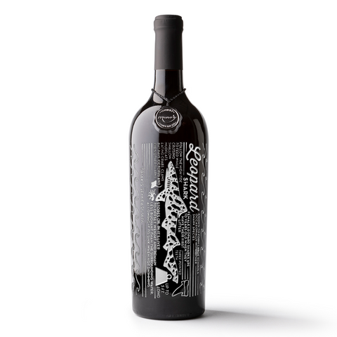 Mano's Wine bottle etched with facts about the Leopard Shark
