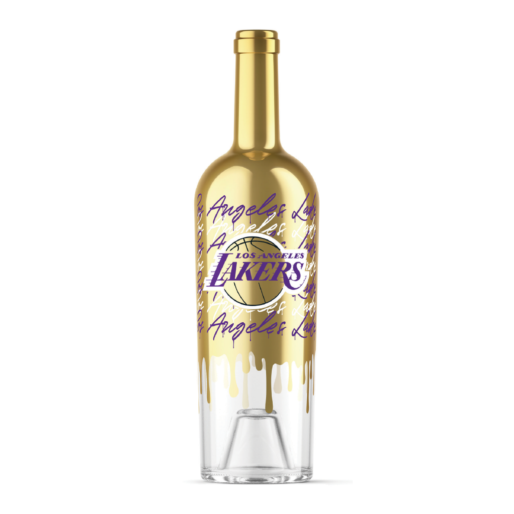 Los Angeles Lakers gold drip display basketball wine bottle from Mano's Wine