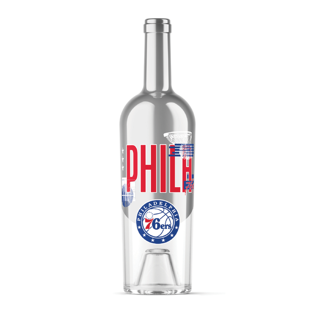 Philadelphia 76ers specialty silver metallic display basketball wine bottle from Mano's Wine