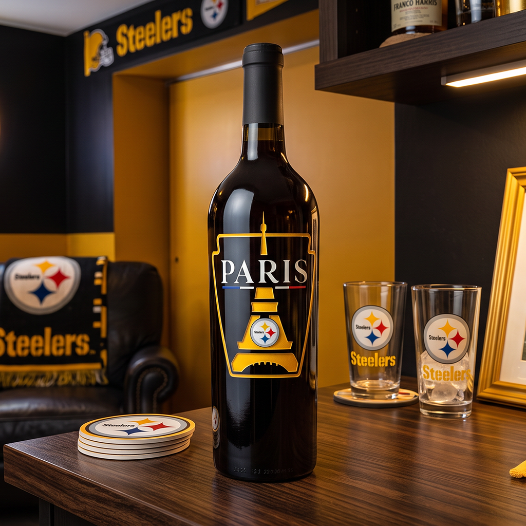 Steelers Commemorative Paris Etched Wine Bottle