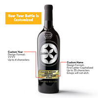 Customize the Steelers season ticket holder wine bottle with custom name and custom year