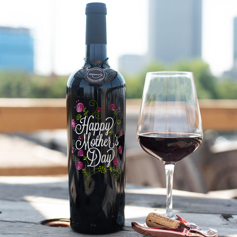 Mother's Day Flowers Etched Wine Bottle