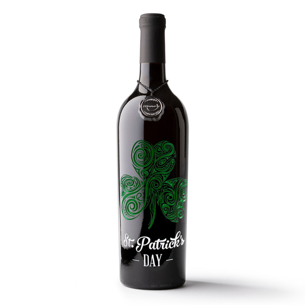 St. Patrick's Shamrock Etched Wine Bottle