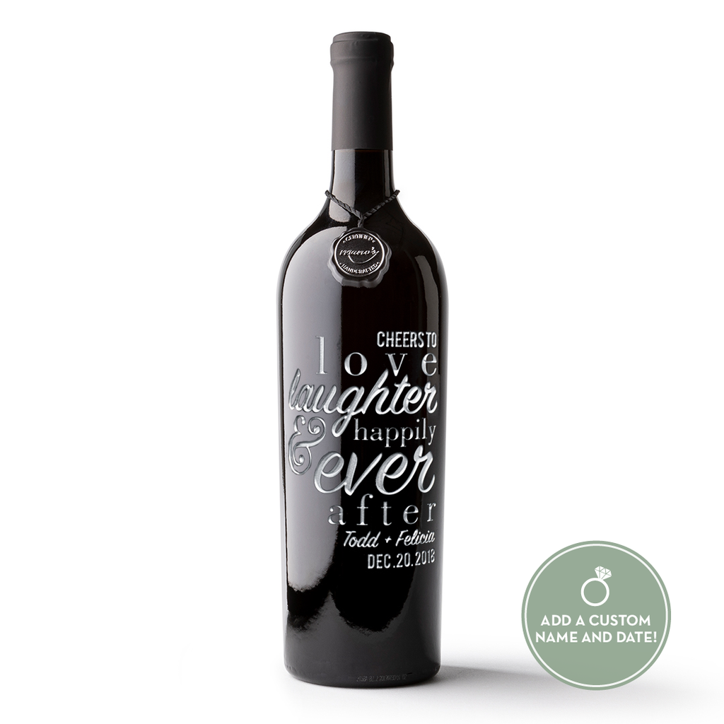 Wedding Love Laughter Custom Etched Wine Bottle