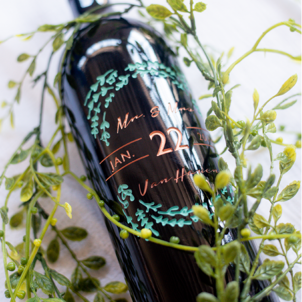 Floral Frame Custom Etched Wine Bottle