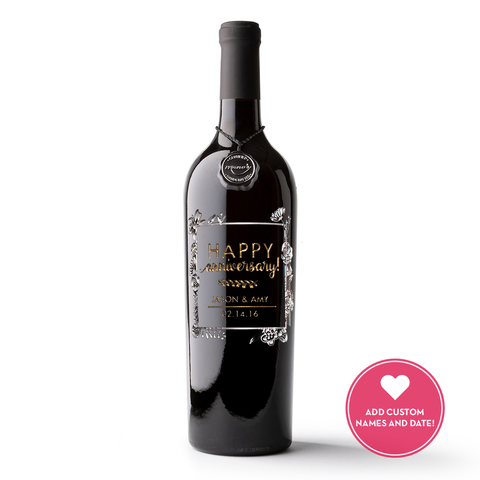 Anniversary Flower Frame Custom Etched Wine Bottle