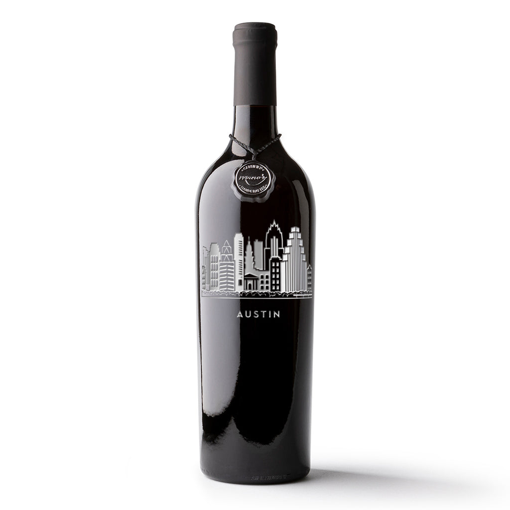 Austin, TX city skyline etched on a bottle of Mano's Wine