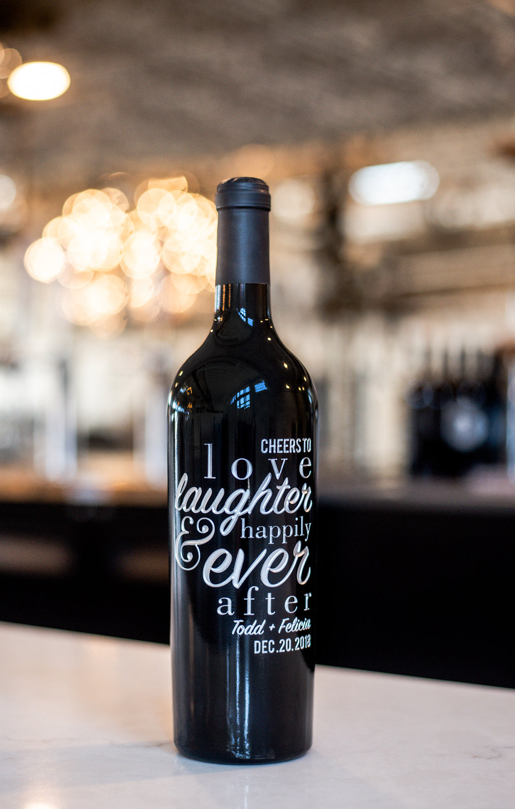 Wedding Love Laughter Custom Etched Wine Bottle