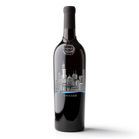Chicago downtown skyline deep-etched and hand painted on a Mano's Wine bottle