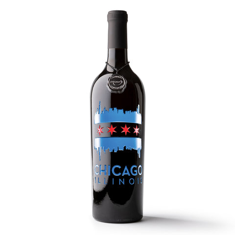 Chicago Flag Etched Wine Bottle