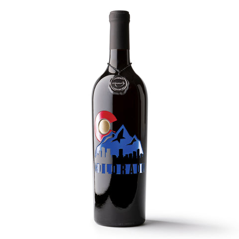 Colorado Rocky Skyline Etched Wine Bottle