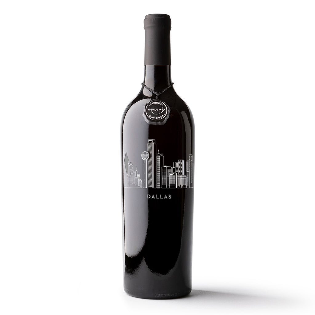 Dallas, TX city skyline deep-etched on a bottle of Mano's Wine