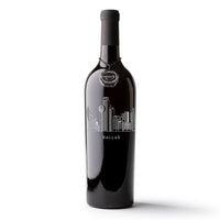 Dallas, TX city skyline deep-etched on a bottle of Mano's Wine
