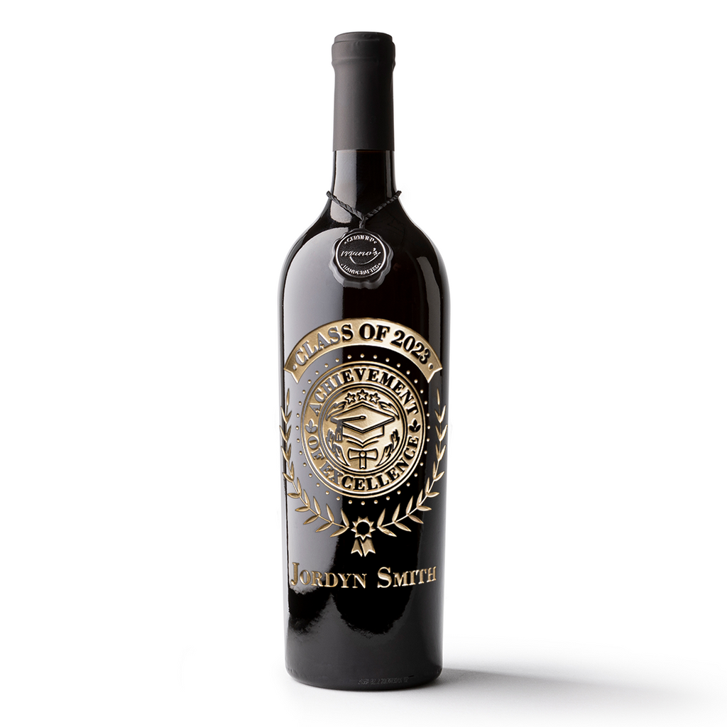 Personalize a wine bottle for the college graduate in your life, shop the Mano's Wine Custom Graduate Laurel Etched Wine bottle