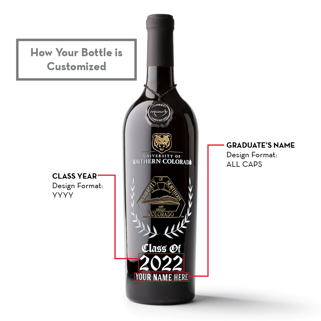 University of Northern Colorado Custom Alumni Etched Wine Bottle