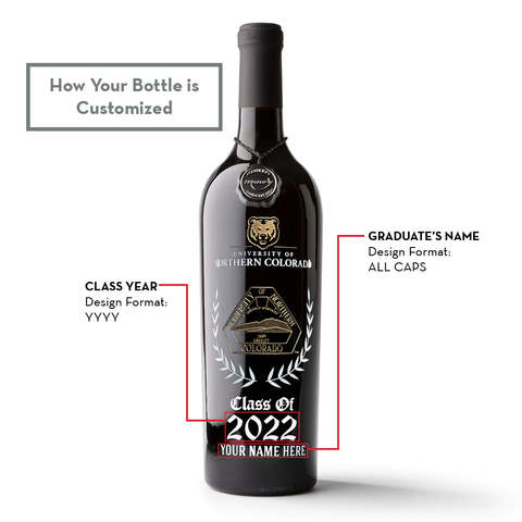 University of Northern Colorado Custom Alumni Etched Wine Bottle