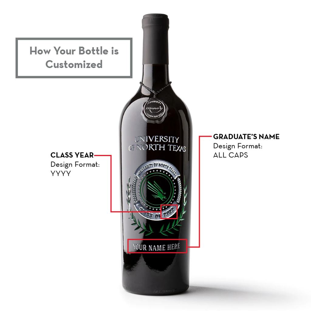 University of North Texas Custom Alumni Etched Wine Bottle