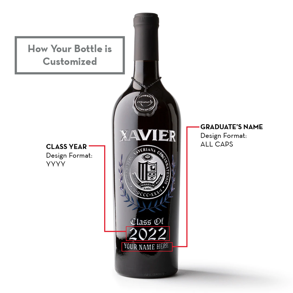 Xavier University Custom Alumni Etched Wine Bottle