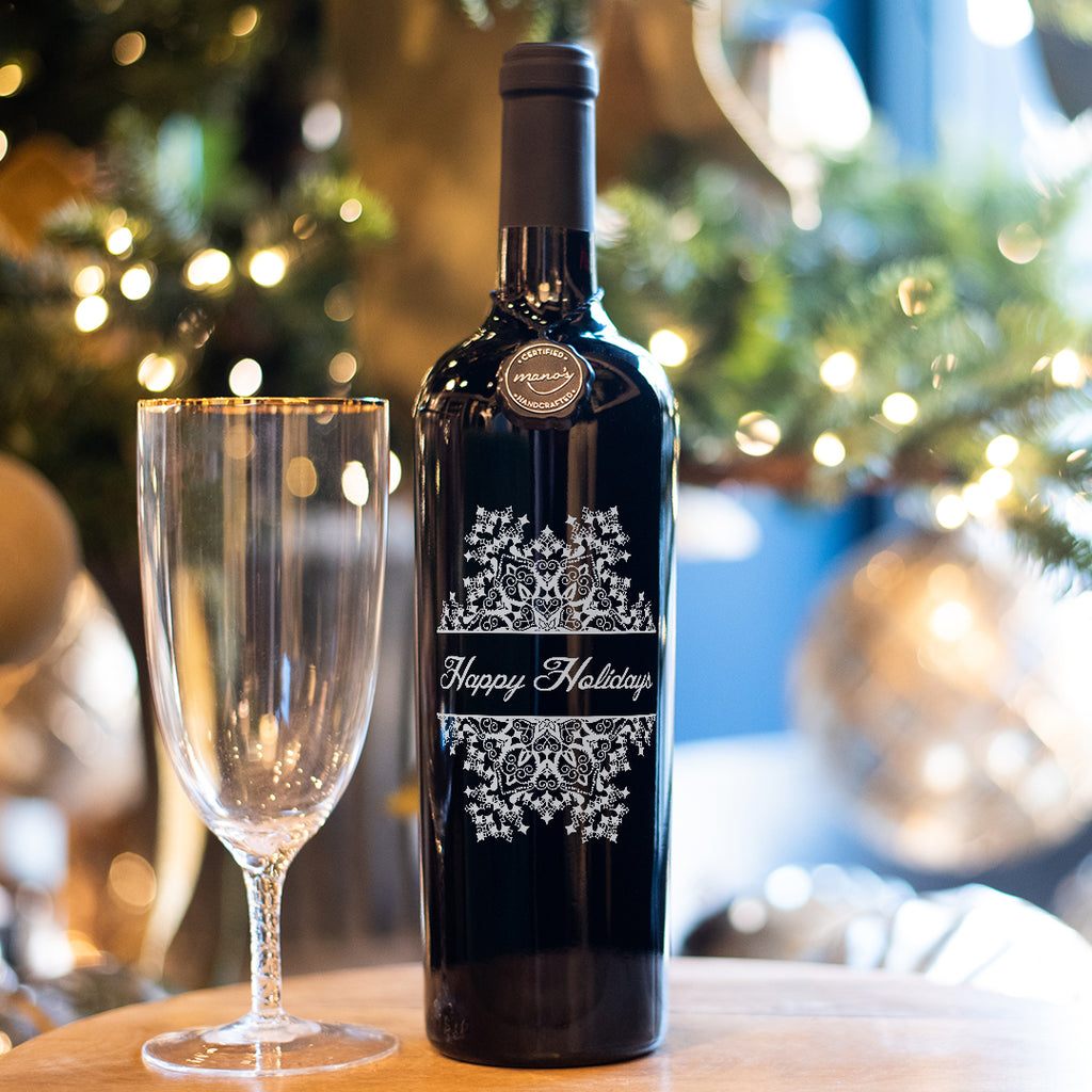 Happy Holidays Snowflake Etched Wine Bottle