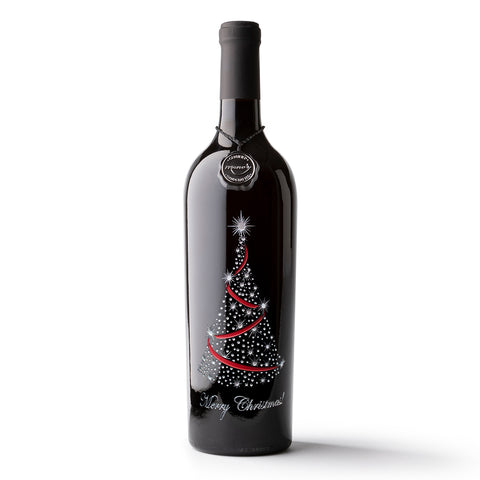 Merry Christmas Tree Etched Wine Bottle