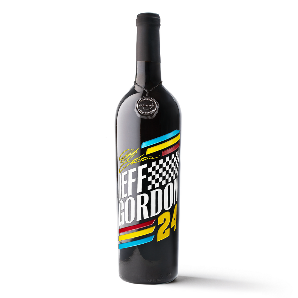 #24 Jeff Gordon Race Stripes Etched Wine Bottle
