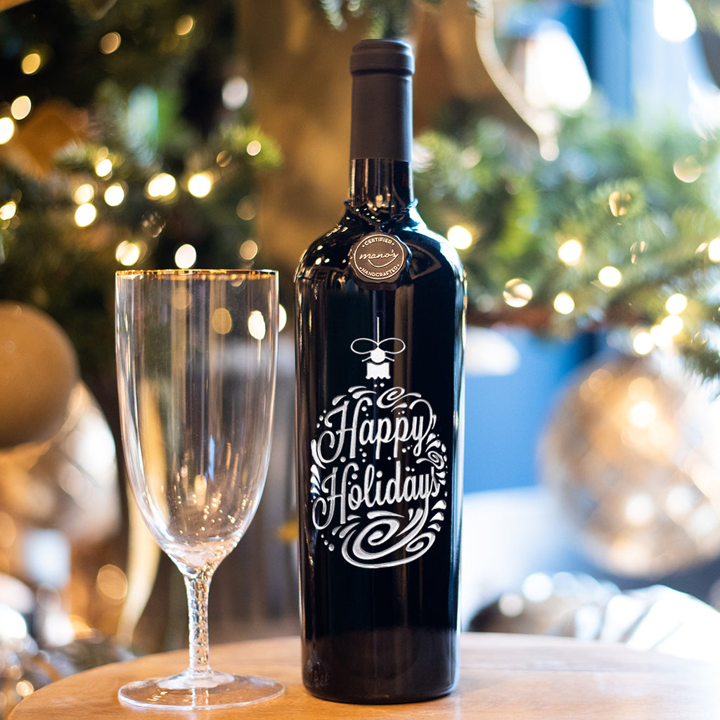 Happy Holidays Ornament Etched Wine Bottle