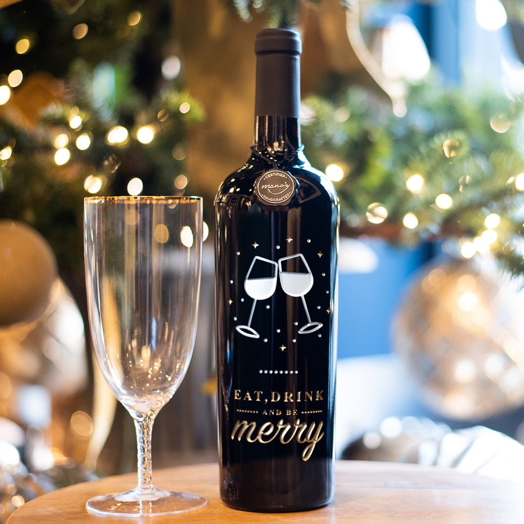 Eat, Drink, And Be Merry Etched Wine Bottle