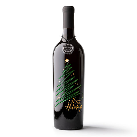 Happy Holidays Sparkle Tree Etched Wine Bottle