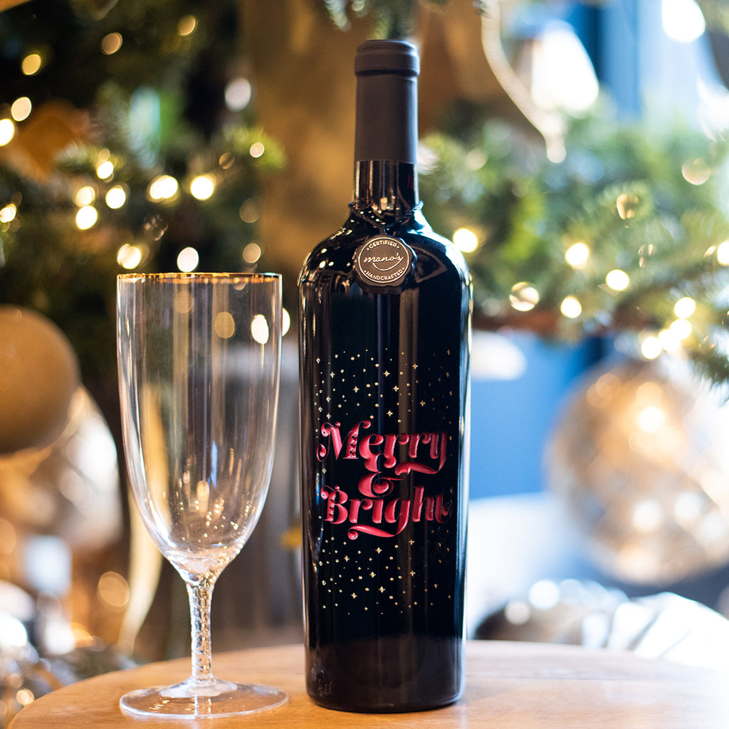 Merry and Bright Etched Wine Bottle