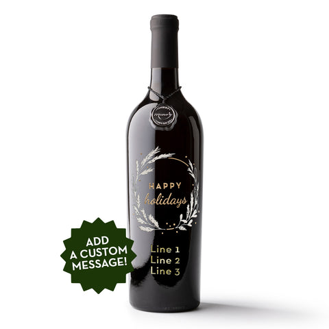 Custom Happy Holidays Wreath Etched Wine