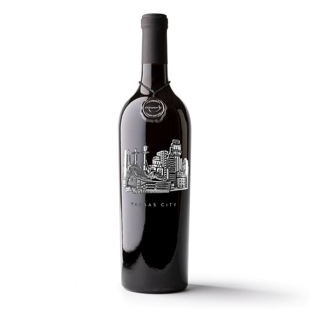 Mano's Wine bottle etched with the iconic skyline of downtown Kansas City, MO
