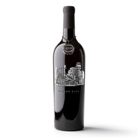 Mano's Wine bottle etched with the iconic skyline of downtown Kansas City, MO